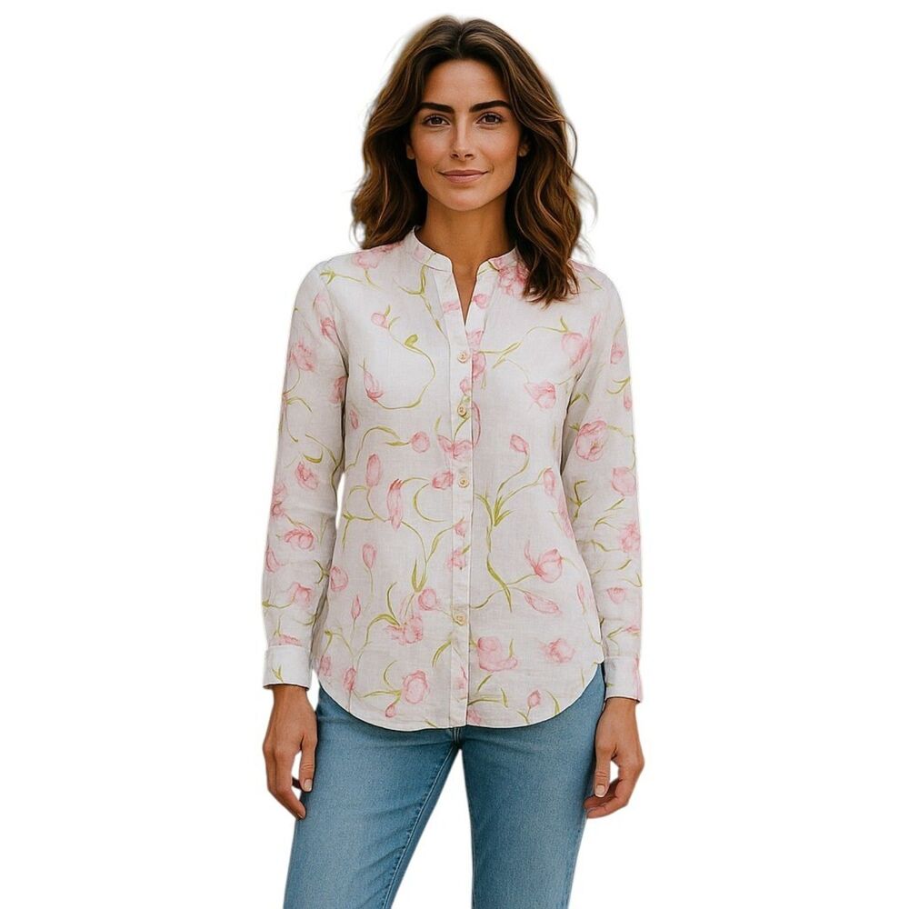 Kiko Floral Blouse 100% Linen Size S long sleeves   Brand New # 014